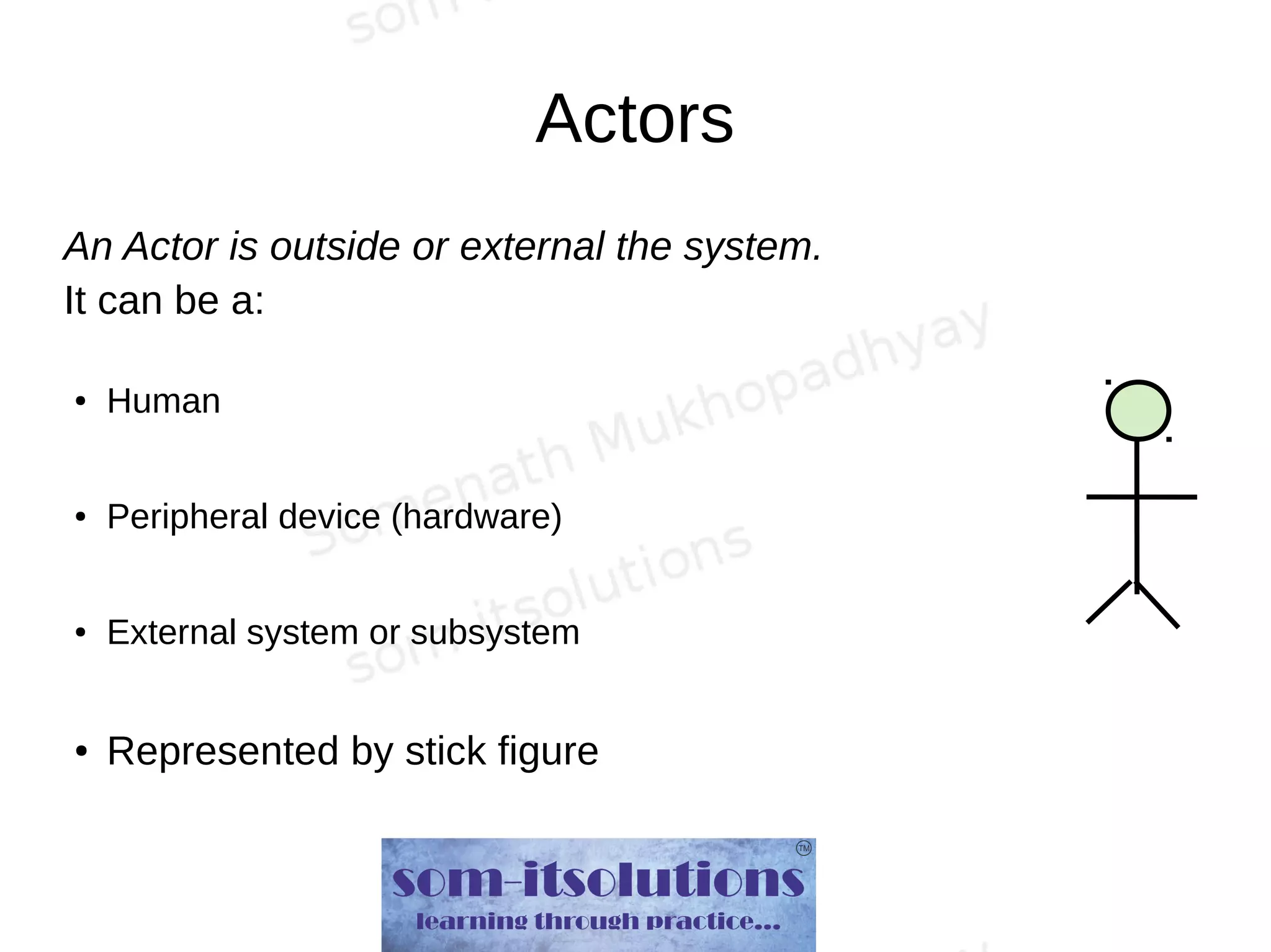 Actors
An Actor is outside or external the system.
It can be a:
● Human
● Peripheral device (hardware)
● External system or subsystem
● Represented by stick figure
 