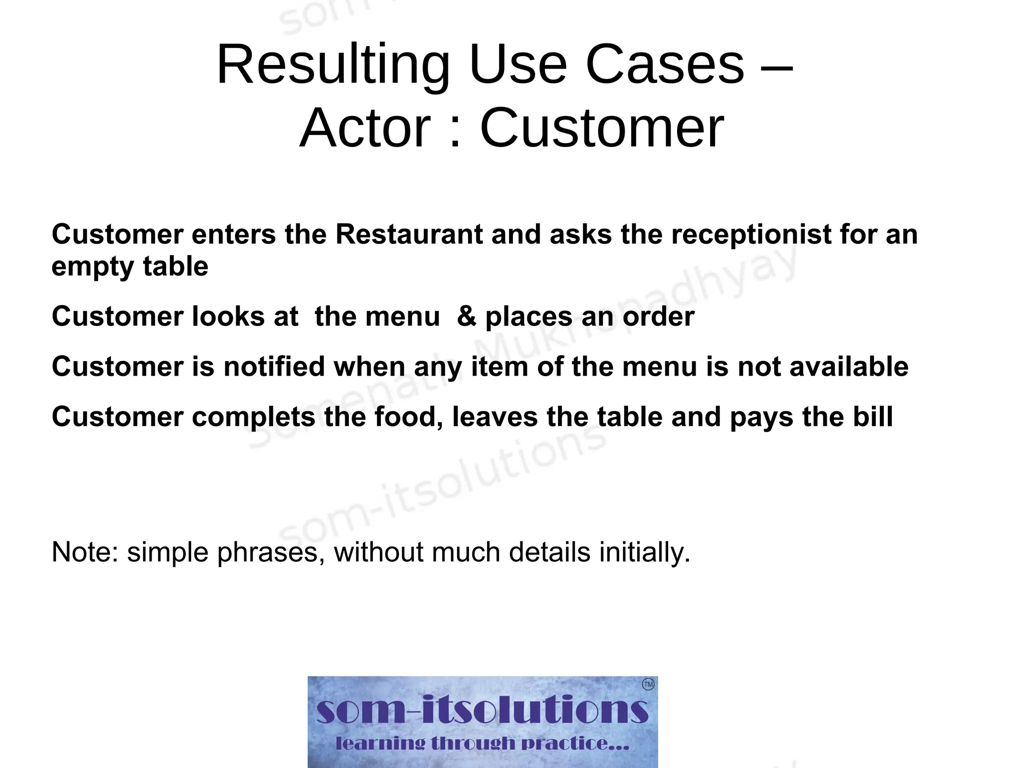 Resulting Use Cases –
Actor : Customer
Customer enters the Restaurant and asks the receptionist for an
empty table
Customer looks at the menu & places an order
Customer is notified when any item of the menu is not available
Customer complets the food, leaves the table and pays the bill
Note: simple phrases, without much details initially.
 