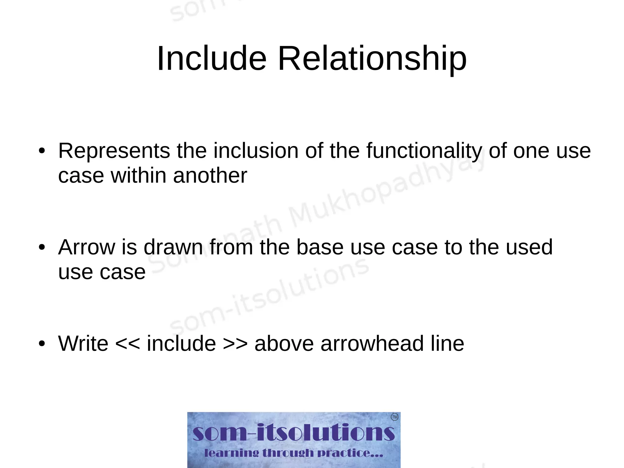 Include Relationship
● Represents the inclusion of the functionality of one use
case within another
● Arrow is drawn from the base use case to the used
use case
● Write << include >> above arrowhead line
 