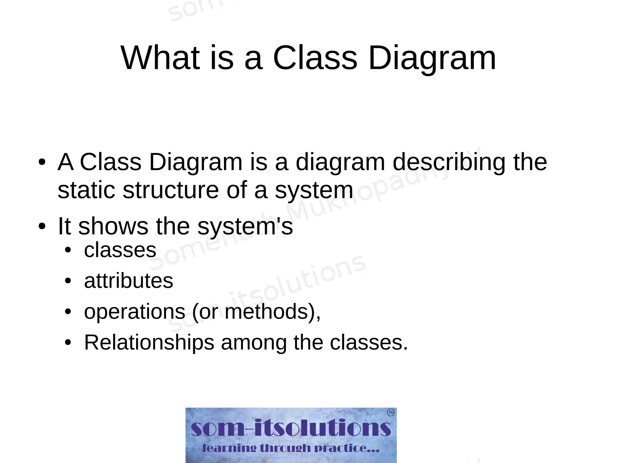 What is a Class Diagram
● A Class Diagram is a diagram describing the
static structure of a system
● It shows the system's
● classes
● attributes
● operations (or methods),
● Relationships among the classes.
 