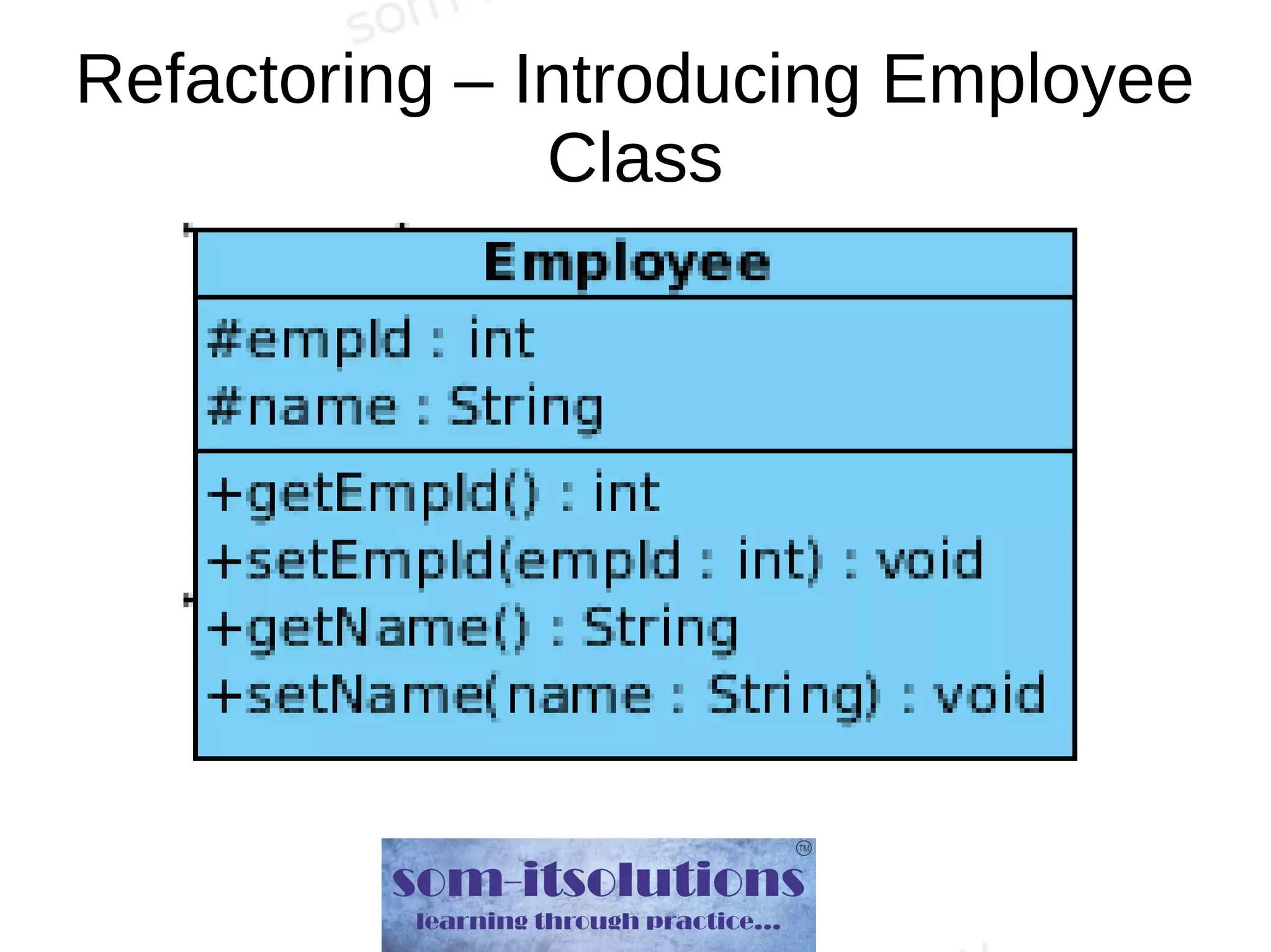 Refactoring – Introducing Employee
Class
 