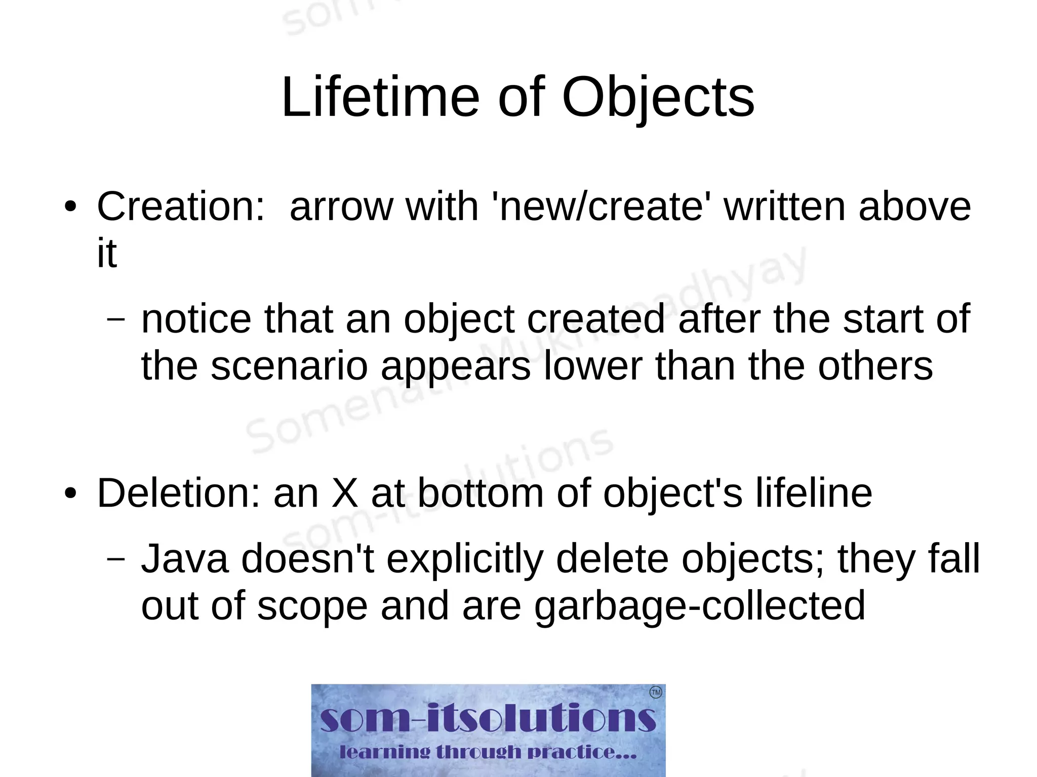 Lifetime of Objects
● Creation: arrow with 'new/create' written above
it
– notice that an object created after the start of
the scenario appears lower than the others
● Deletion: an X at bottom of object's lifeline
– Java doesn't explicitly delete objects; they fall
out of scope and are garbage-collected
 