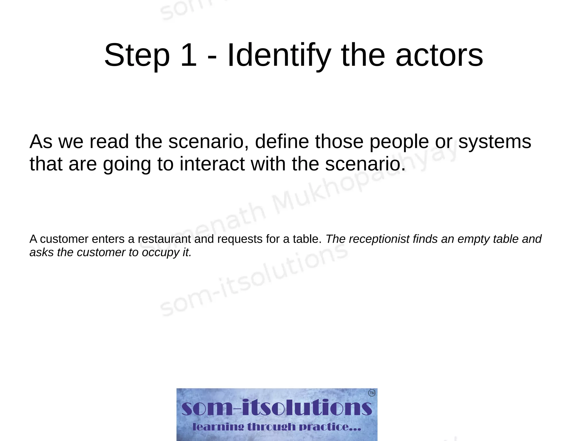 Step 1 - Identify the actors
As we read the scenario, define those people or systems
that are going to interact with the scenario.
A customer enters a restaurant and requests for a table. The receptionist finds an empty table and
asks the customer to occupy it.
 