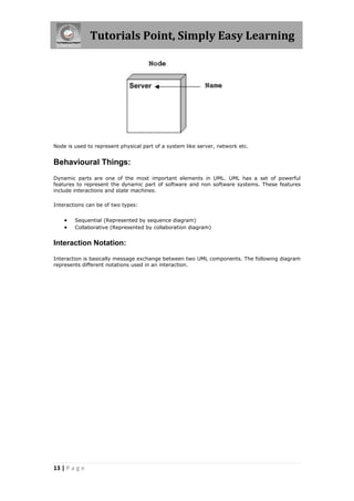 Tutorials Point, Simply Easy Learning
13 | P a g e
Node is used to represent physical part of a system like server, network etc.
Behavioural Things:
Dynamic parts are one of the most important elements in UML. UML has a set of powerful
features to represent the dynamic part of software and non software systems. These features
include interactions and state machines.
Interactions can be of two types:
 Sequential (Represented by sequence diagram)
 Collaborative (Represented by collaboration diagram)
Interaction Notation:
Interaction is basically message exchange between two UML components. The following diagram
represents different notations used in an interaction.
 