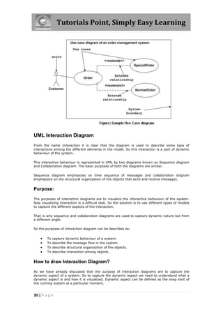 Tutorials Point, Simply Easy Learning
30 | P a g e
UML Interaction Diagram
From the name Interaction it is clear that the diagram is used to describe some type of
interactions among the different elements in the model. So this interaction is a part of dynamic
behaviour of the system.
This interactive behaviour is represented in UML by two diagrams known as Sequence diagram
and Collaboration diagram. The basic purposes of both the diagrams are similar.
Sequence diagram emphasizes on time sequence of messages and collaboration diagram
emphasizes on the structural organization of the objects that send and receive messages.
Purpose:
The purposes of interaction diagrams are to visualize the interactive behaviour of the system.
Now visualizing interaction is a difficult task. So the solution is to use different types of models
to capture the different aspects of the interaction.
That is why sequence and collaboration diagrams are used to capture dynamic nature but from
a different angle.
So the purposes of interaction diagram can be describes as:
 To capture dynamic behaviour of a system.
 To describe the message flow in the system.
 To describe structural organization of the objects.
 To describe interaction among objects.
How to draw Interaction Diagram?
As we have already discussed that the purpose of interaction diagrams are to capture the
dynamic aspect of a system. So to capture the dynamic aspect we need to understand what a
dynamic aspect is and how it is visualized. Dynamic aspect can be defined as the snap shot of
the running system at a particular moment.
 