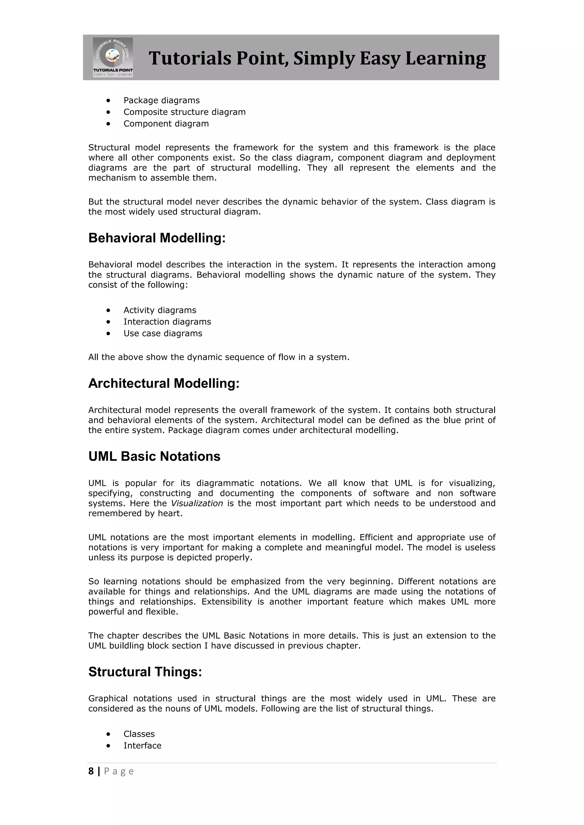 Tutorials Point, Simply Easy Learning
       Package diagrams
       Composite structure diagram
       Component diagram

Structural model represents the framework for the system and this framework is the place
where all other components exist. So the class diagram, component diagram and deployment
diagrams are the part of structural modelling. They all represent the elements and the
mechanism to assemble them.

But the structural model never describes the dynamic behavior of the system. Class diagram is
the most widely used structural diagram.


Behavioral Modelling:
Behavioral model describes the interaction in the system. It represents the interaction among
the structural diagrams. Behavioral modelling shows the dynamic nature of the system. They
consist of the following:


       Activity diagrams
       Interaction diagrams
       Use case diagrams

All the above show the dynamic sequence of flow in a system.


Architectural Modelling:
Architectural model represents the overall framework of the system. It contains both structural
and behavioral elements of the system. Architectural model can be defined as the blue print of
the entire system. Package diagram comes under architectural modelling.


UML Basic Notations
UML is popular for its diagrammatic notations. We all know that UML is for visualizing,
specifying, constructing and documenting the components of software and non software
systems. Here the Visualization is the most important part which needs to be understood and
remembered by heart.

UML notations are the most important elements in modelling. Efficient and appropriate use of
notations is very important for making a complete and meaningful model. The model is useless
unless its purpose is depicted properly.

So learning notations should be emphasized from the very beginning. Different notations are
available for things and relationships. And the UML diagrams are made using the notations of
things and relationships. Extensibility is another important feature which makes UML more
powerful and flexible.

The chapter describes the UML Basic Notations in more details. This is just an extension to the
UML buildling block section I have discussed in previous chapter.


Structural Things:
Graphical notations used in structural things are the most widely used in UML. These are
considered as the nouns of UML models. Following are the list of structural things.


       Classes
       Interface


8|Page
 