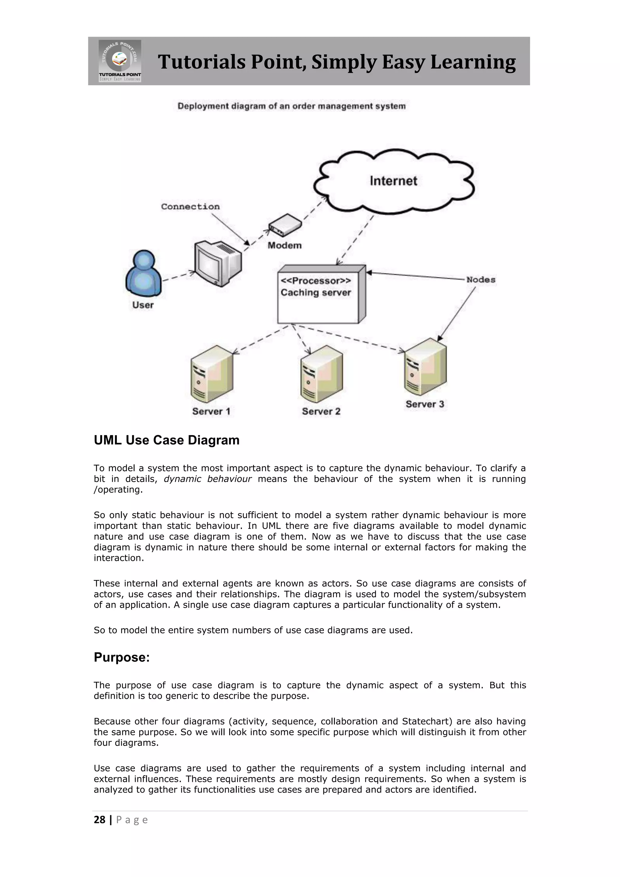 Tutorials Point, Simply Easy Learning
28 | P a g e
UML Use Case Diagram
To model a system the most important aspect is to capture the dynamic behaviour. To clarify a
bit in details, dynamic behaviour means the behaviour of the system when it is running
/operating.
So only static behaviour is not sufficient to model a system rather dynamic behaviour is more
important than static behaviour. In UML there are five diagrams available to model dynamic
nature and use case diagram is one of them. Now as we have to discuss that the use case
diagram is dynamic in nature there should be some internal or external factors for making the
interaction.
These internal and external agents are known as actors. So use case diagrams are consists of
actors, use cases and their relationships. The diagram is used to model the system/subsystem
of an application. A single use case diagram captures a particular functionality of a system.
So to model the entire system numbers of use case diagrams are used.
Purpose:
The purpose of use case diagram is to capture the dynamic aspect of a system. But this
definition is too generic to describe the purpose.
Because other four diagrams (activity, sequence, collaboration and Statechart) are also having
the same purpose. So we will look into some specific purpose which will distinguish it from other
four diagrams.
Use case diagrams are used to gather the requirements of a system including internal and
external influences. These requirements are mostly design requirements. So when a system is
analyzed to gather its functionalities use cases are prepared and actors are identified.
 