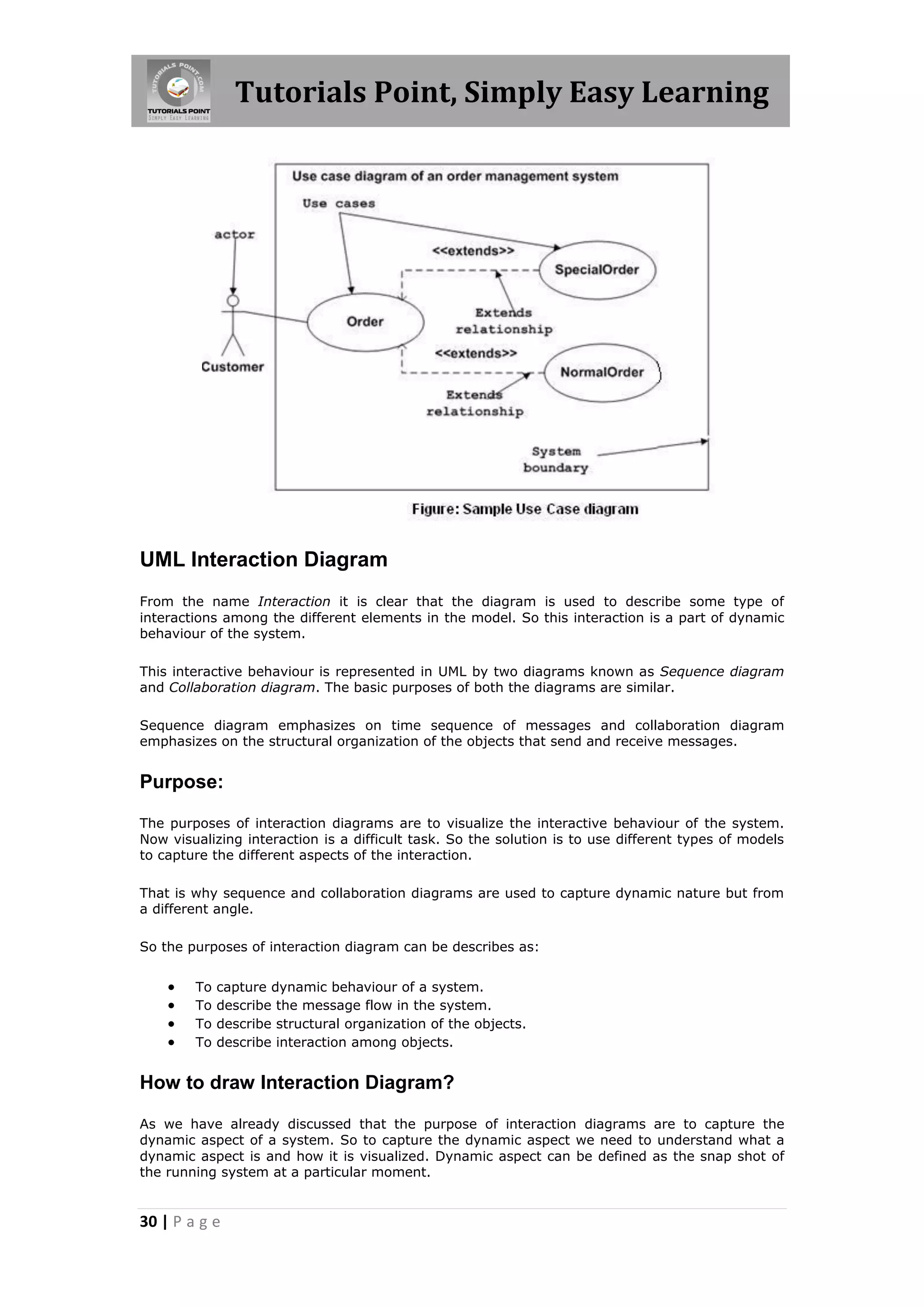 Tutorials Point, Simply Easy Learning
30 | P a g e
UML Interaction Diagram
From the name Interaction it is clear that the diagram is used to describe some type of
interactions among the different elements in the model. So this interaction is a part of dynamic
behaviour of the system.
This interactive behaviour is represented in UML by two diagrams known as Sequence diagram
and Collaboration diagram. The basic purposes of both the diagrams are similar.
Sequence diagram emphasizes on time sequence of messages and collaboration diagram
emphasizes on the structural organization of the objects that send and receive messages.
Purpose:
The purposes of interaction diagrams are to visualize the interactive behaviour of the system.
Now visualizing interaction is a difficult task. So the solution is to use different types of models
to capture the different aspects of the interaction.
That is why sequence and collaboration diagrams are used to capture dynamic nature but from
a different angle.
So the purposes of interaction diagram can be describes as:
 To capture dynamic behaviour of a system.
 To describe the message flow in the system.
 To describe structural organization of the objects.
 To describe interaction among objects.
How to draw Interaction Diagram?
As we have already discussed that the purpose of interaction diagrams are to capture the
dynamic aspect of a system. So to capture the dynamic aspect we need to understand what a
dynamic aspect is and how it is visualized. Dynamic aspect can be defined as the snap shot of
the running system at a particular moment.
 