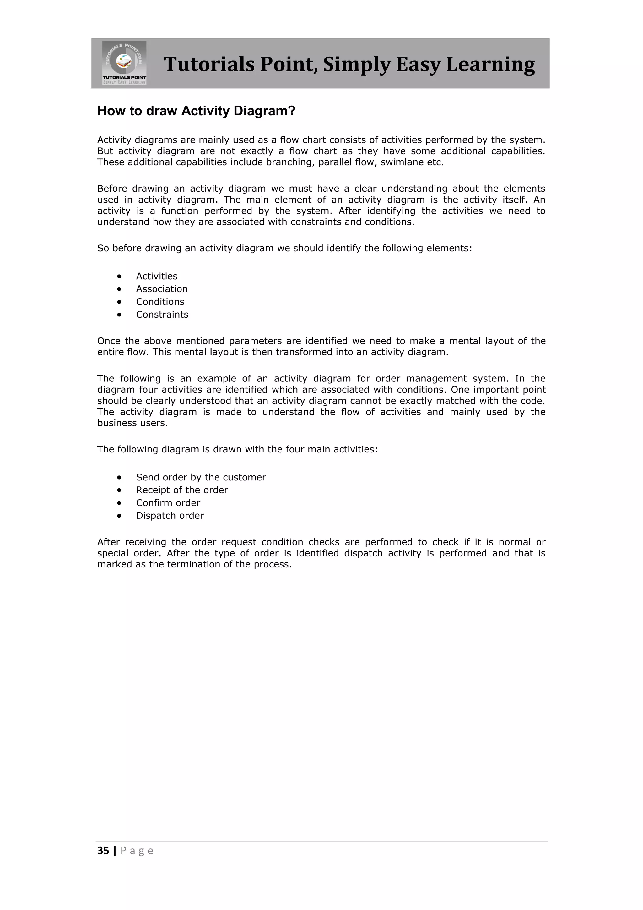 Tutorials Point, Simply Easy Learning
35 | P a g e
How to draw Activity Diagram?
Activity diagrams are mainly used as a flow chart consists of activities performed by the system.
But activity diagram are not exactly a flow chart as they have some additional capabilities.
These additional capabilities include branching, parallel flow, swimlane etc.
Before drawing an activity diagram we must have a clear understanding about the elements
used in activity diagram. The main element of an activity diagram is the activity itself. An
activity is a function performed by the system. After identifying the activities we need to
understand how they are associated with constraints and conditions.
So before drawing an activity diagram we should identify the following elements:
 Activities
 Association
 Conditions
 Constraints
Once the above mentioned parameters are identified we need to make a mental layout of the
entire flow. This mental layout is then transformed into an activity diagram.
The following is an example of an activity diagram for order management system. In the
diagram four activities are identified which are associated with conditions. One important point
should be clearly understood that an activity diagram cannot be exactly matched with the code.
The activity diagram is made to understand the flow of activities and mainly used by the
business users.
The following diagram is drawn with the four main activities:
 Send order by the customer
 Receipt of the order
 Confirm order
 Dispatch order
After receiving the order request condition checks are performed to check if it is normal or
special order. After the type of order is identified dispatch activity is performed and that is
marked as the termination of the process.
 
