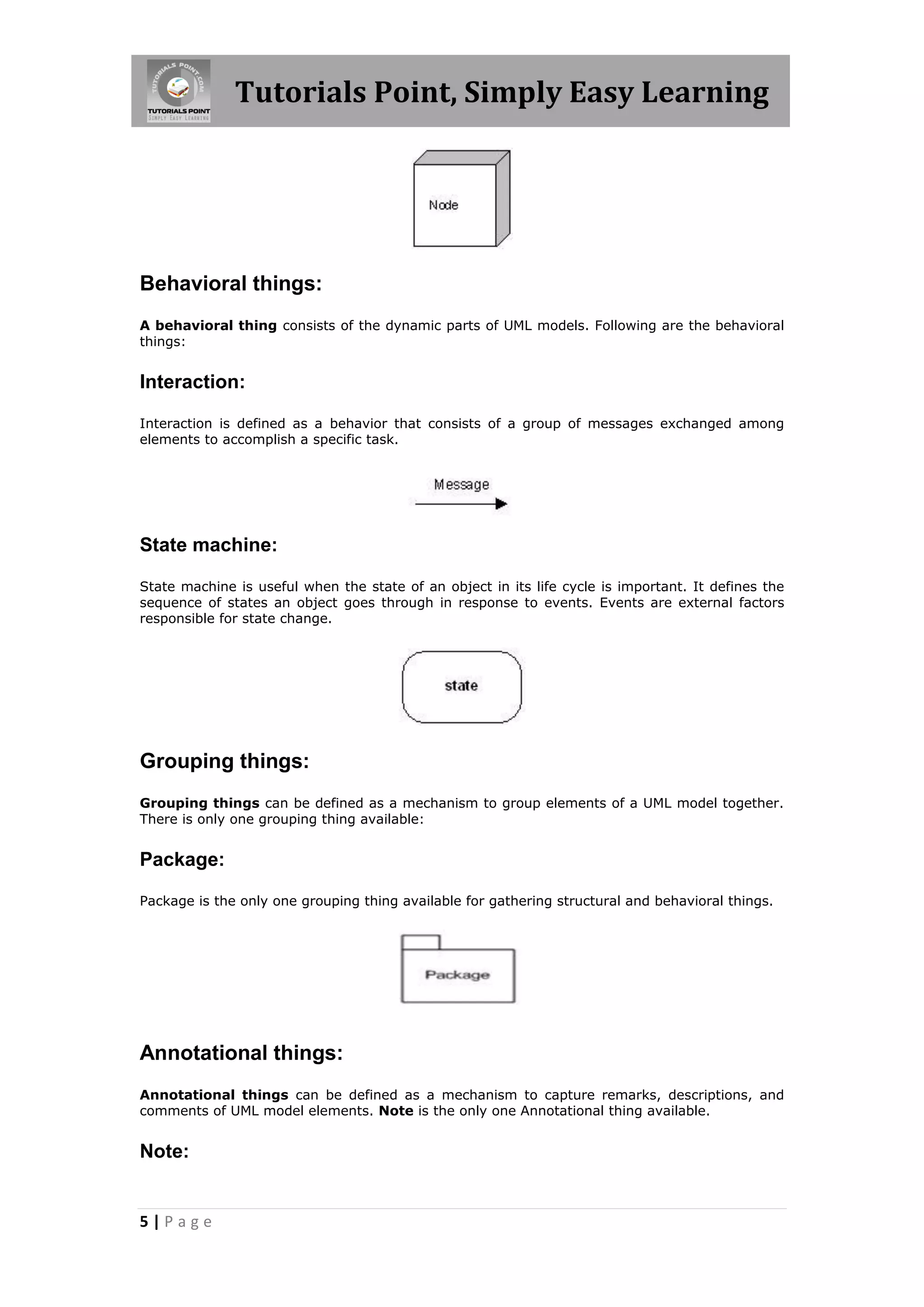 Tutorials Point, Simply Easy Learning
5 | P a g e
Behavioral things:
A behavioral thing consists of the dynamic parts of UML models. Following are the behavioral
things:
Interaction:
Interaction is defined as a behavior that consists of a group of messages exchanged among
elements to accomplish a specific task.
State machine:
State machine is useful when the state of an object in its life cycle is important. It defines the
sequence of states an object goes through in response to events. Events are external factors
responsible for state change.
Grouping things:
Grouping things can be defined as a mechanism to group elements of a UML model together.
There is only one grouping thing available:
Package:
Package is the only one grouping thing available for gathering structural and behavioral things.
Annotational things:
Annotational things can be defined as a mechanism to capture remarks, descriptions, and
comments of UML model elements. Note is the only one Annotational thing available.
Note:
 