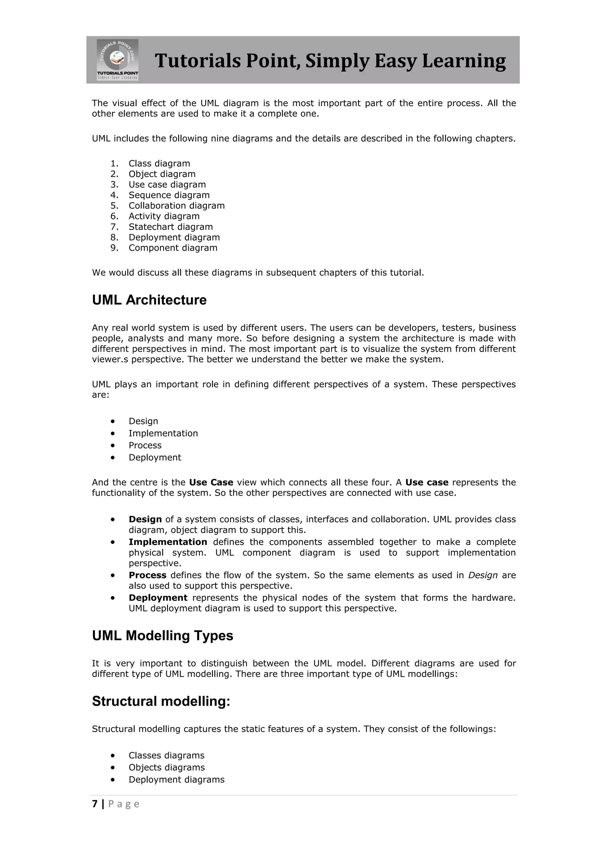 Tutorials Point, Simply Easy Learning
7 | P a g e
The visual effect of the UML diagram is the most important part of the entire process. All the
other elements are used to make it a complete one.
UML includes the following nine diagrams and the details are described in the following chapters.
1. Class diagram
2. Object diagram
3. Use case diagram
4. Sequence diagram
5. Collaboration diagram
6. Activity diagram
7. Statechart diagram
8. Deployment diagram
9. Component diagram
We would discuss all these diagrams in subsequent chapters of this tutorial.
UML Architecture
Any real world system is used by different users. The users can be developers, testers, business
people, analysts and many more. So before designing a system the architecture is made with
different perspectives in mind. The most important part is to visualize the system from different
viewer.s perspective. The better we understand the better we make the system.
UML plays an important role in defining different perspectives of a system. These perspectives
are:
 Design
 Implementation
 Process
 Deployment
And the centre is the Use Case view which connects all these four. A Use case represents the
functionality of the system. So the other perspectives are connected with use case.
 Design of a system consists of classes, interfaces and collaboration. UML provides class
diagram, object diagram to support this.
 Implementation defines the components assembled together to make a complete
physical system. UML component diagram is used to support implementation
perspective.
 Process defines the flow of the system. So the same elements as used in Design are
also used to support this perspective.
 Deployment represents the physical nodes of the system that forms the hardware.
UML deployment diagram is used to support this perspective.
UML Modelling Types
It is very important to distinguish between the UML model. Different diagrams are used for
different type of UML modelling. There are three important type of UML modellings:
Structural modelling:
Structural modelling captures the static features of a system. They consist of the followings:
 Classes diagrams
 Objects diagrams
 Deployment diagrams
 