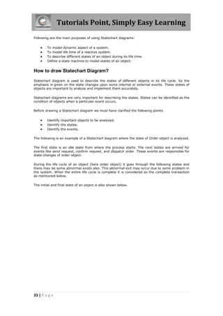 Tutorials Point, Simply Easy Learning
33 | P a g e
Following are the main purposes of using Statechart diagrams:
 To model dynamic aspect of a system.
 To model life time of a reactive system.
 To describe different states of an object during its life time.
 Define a state machine to model states of an object.
How to draw Statechart Diagram?
Statechart diagram is used to describe the states of different objects in its life cycle. So the
emphasis is given on the state changes upon some internal or external events. These states of
objects are important to analyze and implement them accurately.
Statechart diagrams are very important for describing the states. States can be identified as the
condition of objects when a particular event occurs.
Before drawing a Statechart diagram we must have clarified the following points:
 Identify important objects to be analyzed.
 Identify the states.
 Identify the events.
The following is an example of a Statechart diagram where the state of Order object is analyzed.
The first state is an idle state from where the process starts. The next states are arrived for
events like send request, confirm request, and dispatch order. These events are responsible for
state changes of order object.
During the life cycle of an object (here order object) it goes through the following states and
there may be some abnormal exists also. This abnormal exit may occur due to some problem in
the system. When the entire life cycle is complete it is considered as the complete transaction
as mentioned below.
The initial and final state of an object is also shown below.
 