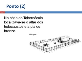 Ponto (2)
31
No pátio do Tabernáculo
localizava-se o altar dos
holocaustos e a pia de
bronze.
 