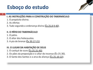 I. AS INSTRUÇÕES PARA A CONSTRUÇÃO DO TABERNÁCULO
1. O propósito divino.
2. As ofertas
3. Tudo segundo a ordenança divina (Êx 25.8,9,40).
II. O PÁTIO DO TABERNÁCULO
1. O pátio.
2. O altar dos holocaustos.
3. A pia de bronze (Êx 30.17-21)
III. O LUGAR DA HABITAÇÃO DE DEUS
1. O castiçal de ouro (Êx 25.31-40)
2. Os pães da proposição e o altar do incenso (Êx 25.30).
3. O Santo dos Santos e a arca da aliança (Êx 25.10-22).
Esboço do estudo
6
 