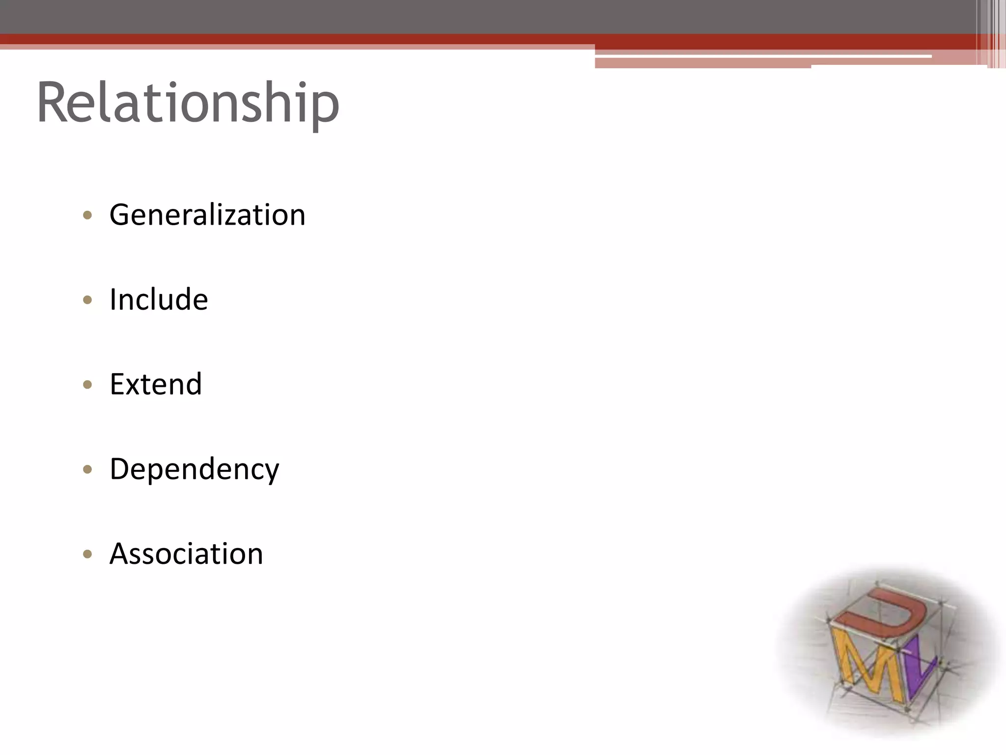 Relationship
• Generalization
• Include
• Extend
• Dependency
• Association
 