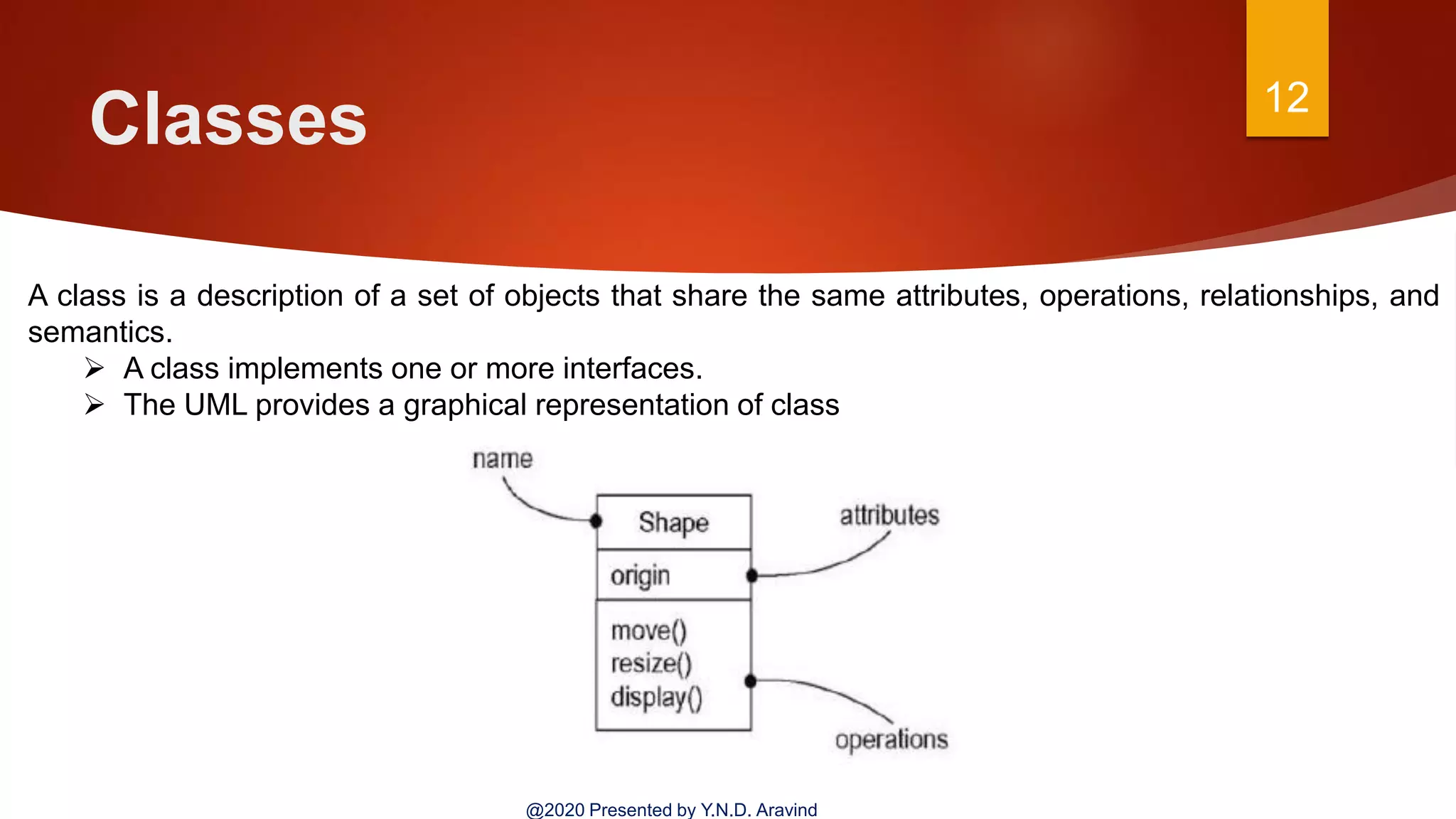 Classes 12
@2020 Presented by Y.N.D. Aravind
A class is a description of a set of objects that share the same attributes, operations, relationships, and
semantics.
 A class implements one or more interfaces.
 The UML provides a graphical representation of class
 
