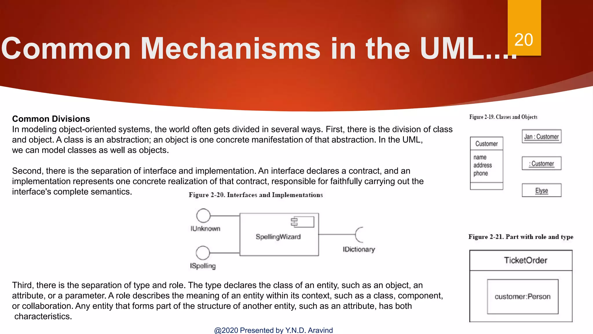 Common Mechanisms in the UML....20
@2020 Presented by Y.N.D. Aravind
Common Divisions
In modeling object-oriented systems, the world often gets divided in several ways. First, there is the division of class
and object. A class is an abstraction; an object is one concrete manifestation of that abstraction. In the UML,
we can model classes as well as objects.
Second, there is the separation of interface and implementation. An interface declares a contract, and an
implementation represents one concrete realization of that contract, responsible for faithfully carrying out the
interface's complete semantics.
Third, there is the separation of type and role. The type declares the class of an entity, such as an object, an
attribute, or a parameter. A role describes the meaning of an entity within its context, such as a class, component,
or collaboration. Any entity that forms part of the structure of another entity, such as an attribute, has both
characteristics.
 