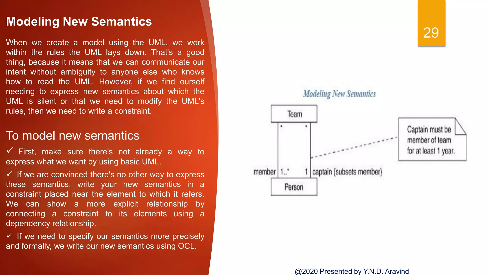 29
Modeling New Semantics
When we create a model using the UML, we work
within the rules the UML lays down. That's a good
thing, because it means that we can communicate our
intent without ambiguity to anyone else who knows
how to read the UML. However, if we find ourself
needing to express new semantics about which the
UML is silent or that we need to modify the UML's
rules, then we need to write a constraint.
To model new semantics
 First, make sure there's not already a way to
express what we want by using basic UML.
 If we are convinced there's no other way to express
these semantics, write your new semantics in a
constraint placed near the element to which it refers.
We can show a more explicit relationship by
connecting a constraint to its elements using a
dependency relationship.
 If we need to specify our semantics more precisely
and formally, we write our new semantics using OCL.
@2020 Presented by Y.N.D. Aravind
 