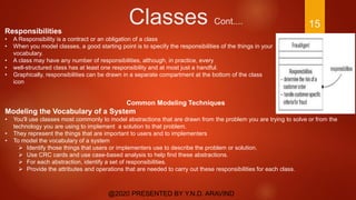 Classes Cont....
@2020 PRESENTED BY Y.N.D. ARAVIND
15
Responsibilities
• A Responsibility is a contract or an obligation of a class
• When you model classes, a good starting point is to specify the responsibilities of the things in your
vocabulary.
• A class may have any number of responsibilities, although, in practice, every
• well-structured class has at least one responsibility and at most just a handful.
• Graphically, responsibilities can be drawn in a separate compartment at the bottom of the class
icon
Common Modeling Techniques
Modeling the Vocabulary of a System
• You'll use classes most commonly to model abstractions that are drawn from the problem you are trying to solve or from the
technology you are using to implement a solution to that problem.
• They represent the things that are important to users and to implementers
• To model the vocabulary of a system
 Identify those things that users or implementers use to describe the problem or solution.
 Use CRC cards and use case-based analysis to help find these abstractions.
 For each abstraction, identify a set of responsibilities.
 Provide the attributes and operations that are needed to carry out these responsibilities for each class.
 