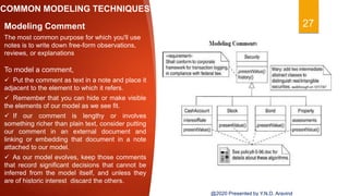 COMMON MODELING TECHNIQUES
27Modeling Comment
The most common purpose for which you'll use
notes is to write down free-form observations,
reviews, or explanations
To model a comment,
 Put the comment as text in a note and place it
adjacent to the element to which it refers.
 Remember that you can hide or make visible
the elements of our model as we see fit.
 If our comment is lengthy or involves
something richer than plain text, consider putting
our comment in an external document and
linking or embedding that document in a note
attached to our model.
 As our model evolves, keep those comments
that record significant decisions that cannot be
inferred from the model itself, and unless they
are of historic interest discard the others.
@2020 Presented by Y.N.D. Aravind
 