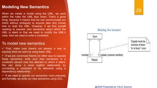 29
Modeling New Semantics
When we create a model using the UML, we work
within the rules the UML lays down. That's a good
thing, because it means that we can communicate our
intent without ambiguity to anyone else who knows
how to read the UML. However, if we find ourself
needing to express new semantics about which the
UML is silent or that we need to modify the UML's
rules, then we need to write a constraint.
To model new semantics
 First, make sure there's not already a way to
express what we want by using basic UML.
 If we are convinced there's no other way to express
these semantics, write your new semantics in a
constraint placed near the element to which it refers.
We can show a more explicit relationship by
connecting a constraint to its elements using a
dependency relationship.
 If we need to specify our semantics more precisely
and formally, we write our new semantics using OCL.
@2020 Presented by Y.N.D. Aravind
 