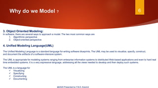 Why do we Model ? 6
@2020 Presented by Y.N.D. Aravind
3. Object Oriented Modeling:
In software, there are several ways to approach a model. The two most common ways are
1. Algorithmic perspective
2. Object-oriented perspective
4. Unified Modeling Language(UML)
The Unified Modeling Language is a standard language for writing software blueprints. The UML may be used to visualize, specify, construct,
and document the artifacts of a software-intensive system.
The UML is appropriate for modeling systems ranging from enterprise information systems to distributed Web-based applications and even to hard real
time embedded systems. It is a very expressive language, addressing all the views needed to develop and then deploy such systems.
The UML is a language for
 Visualizing
 Specifying
 Constructing
 Documenting
 