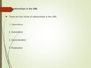 2. Relationships in the UML
 There are four kinds of relationships in the UML:
1. Dependency
2. Association
3. Generalization
4. Realization
 