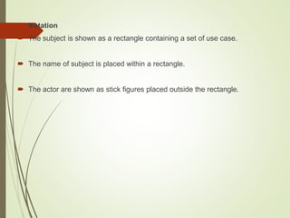  Notation
 The subject is shown as a rectangle containing a set of use case.
 The name of subject is placed within a rectangle.
 The actor are shown as stick figures placed outside the rectangle.
 