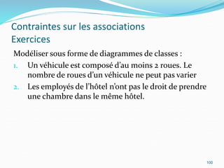 Contraintes sur les associations
Exercices
Modéliser sous forme de diagrammes de classes :
1. Un véhicule est composé d’au moins 2 roues. Le
nombre de roues d’un véhicule ne peut pas varier
2. Les employés de l’hôtel n’ont pas le droit de prendre
une chambre dans le même hôtel.
100
 