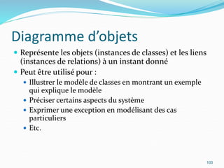 Diagramme d’objets
 Représente les objets (instances de classes) et les liens
(instances de relations) à un instant donné
 Peut être utilisé pour :
 Illustrer le modèle de classes en montrant un exemple
qui explique le modèle
 Préciser certains aspects du système
 Exprimer une exception en modélisant des cas
particuliers
 Etc.
103
 