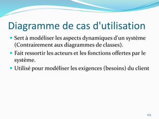 Diagramme de cas d'utilisation
 Sert à modéliser les aspects dynamiques d'un système
(Contrairement aux diagrammes de classes).
 Fait ressortir les acteurs et les fonctions offertes par le
système.
 Utilisé pour modéliser les exigences (besoins) du client
110
 