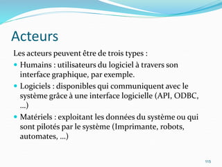 Acteurs
Les acteurs peuvent être de trois types :
 Humains : utilisateurs du logiciel à travers son
interface graphique, par exemple.
 Logiciels : disponibles qui communiquent avec le
système grâce à une interface logicielle (API, ODBC,
…)
 Matériels : exploitant les données du système ou qui
sont pilotés par le système (Imprimante, robots,
automates, …)
115
 