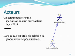 Acteurs
Un acteur peut être une
spécialisation d'un autre acteur
déjà défini.
Dans ce cas, on utilise la relation de
généralisation/spécialisation.
118
Acteur général
Acteur spécialisé
 