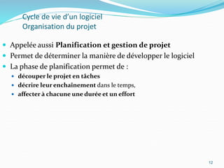 12
Cycle de vie d’un logiciel
Organisation du projet
 Appelée aussi Planification et gestion de projet
 Permet de déterminer la manière de développer le logiciel
 La phase de planification permet de :
 découper le projet en tâches
 décrire leur enchaînement dans le temps,
 affecter à chacune une durée et un effort
12
 