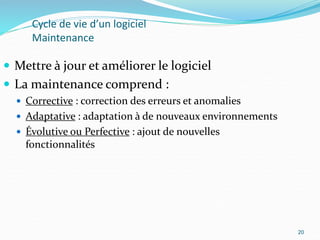 20
Cycle de vie d’un logiciel
Maintenance
 Mettre à jour et améliorer le logiciel
 La maintenance comprend :
 Corrective : correction des erreurs et anomalies
 Adaptative : adaptation à de nouveaux environnements
 Évolutive ou Perfective : ajout de nouvelles
fonctionnalités
20
 