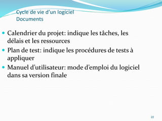 22
Cycle de vie d’un logiciel
Documents
 Calendrier du projet: indique les tâches, les
délais et les ressources
 Plan de test: indique les procédures de tests à
appliquer
 Manuel d’utilisateur: mode d’emploi du logiciel
dans sa version finale
22
 