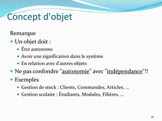 Concept d'objet
Remarque
 Un objet doit :
 Être autonome
 Avoir une signification dans le système
 En relation avec d'autres objets
 Ne pas confondre "autonomie" avec "indépendance"!!
 Exemples
 Gestion de stock : Clients, Commandes, Articles, …
 Gestion scolaire : Étudiants, Modules, Filières, …
38
 