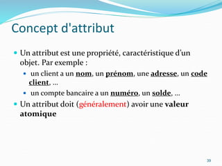 Concept d'attribut
 Un attribut est une propriété, caractéristique d’un
objet. Par exemple :
 un client a un nom, un prénom, une adresse, un code
client, …
 un compte bancaire a un numéro, un solde, …
 Un attribut doit (généralement) avoir une valeur
atomique
39
 