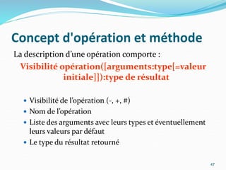 Concept d'opération et méthode
La description d’une opération comporte :
Visibilité opération([arguments:type[=valeur
initiale]]):type de résultat
 Visibilité de l’opération (-, +, #)
 Nom de l’opération
 Liste des arguments avec leurs types et éventuellement
leurs valeurs par défaut
 Le type du résultat retourné
47
 