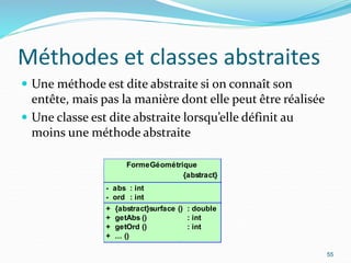Méthodes et classes abstraites
 Une méthode est dite abstraite si on connaît son
entête, mais pas la manière dont elle peut être réalisée
 Une classe est dite abstraite lorsqu’elle définit au
moins une méthode abstraite
55
FormeGéométrique
{abstract}
-
-
abs
ord
: int
: int
+
+
+
+
{abstract}surface ()
getAbs ()
getOrd ()
... ()
: double
: int
: int
 