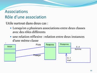 Associations
Rôle d’une association
Utile surtout dans deux cas :
 Lorsqu’on a plusieurs associations entre deux classes
avec des rôles différents
 une relation réflexive : relation entre deux instances
d’une même classe
65
0..4
femme
0..1
mari
Personne
Pilote
Passager
Avion
Personne
 