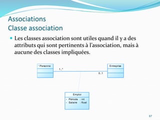 Associations
Classe association
 Les classes association sont utiles quand il y a des
attributs qui sont pertinents à l’association, mais à
aucune des classes impliquées.
67
1..*
0..1
Personne Entreprise
Emploi
-
-
Période
Salaire
: int
: float
 