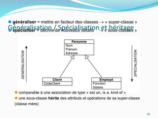 Généralisation / Spécialisation et héritage
85
 généraliser = mettre en facteur des classes  « super-classe »
 spécialiser = décrire de nouveaux détails  « sous-classes »
 comparable à une association de type « est un, is a, kind of »
 une sous-classe hérite des attributs et opérations de sa super-classe
(classe mère)
 