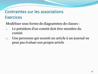 Contraintes sur les associations
Exercices
Modéliser sous forme de diagrammes de classes :
1. Le président d’un comité doit être membre du
comité
2. Une personne qui soumit un article à un journal ne
peut pas évaluer son propre article
99
 