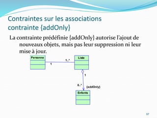 Contraintes sur les associations
contrainte {addOnly}
La contrainte prédéfinie {addOnly} autorise l’ajout de
nouveaux objets, mais pas leur suppression ni leur
mise à jour.
97
1
1..*
1
0..*
Personne Liste
Enfants
{addOnly}
 