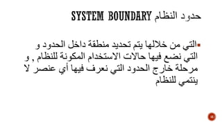 ‫و‬ ‫الحدود‬ ‫داخل‬ ‫منطقة‬ ‫تحديد‬ ‫يتم‬ ‫خاللها‬ ‫من‬ ‫التي‬
‫للن‬ ‫المكونة‬ ‫االستخدام‬ ‫حاالت‬ ‫فيها‬ ‫نضع‬ ‫التي‬‫ظام‬,‫و‬
‫عنصر‬ ‫أي‬ ‫فيها‬ ‫نعرف‬ ‫التي‬ ‫الحدود‬ ‫خارج‬ ‫مرحلة‬‫ال‬
‫للنظام‬ ‫ينتمي‬
12
 