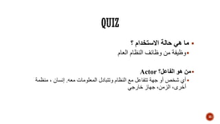 ‫؟‬ ‫االستخدام‬ ‫حالة‬ ‫هي‬ ‫ما‬
‫العام‬ ‫النظام‬ ‫وظائف‬ ‫من‬ ‫وظيفة‬
‫الفاعل؟‬ ‫هو‬ ‫من‬Actor
‫معه‬ ‫المعلومات‬ ‫وتتبادل‬ ‫النظام‬ ‫مع‬ ‫تتفاعل‬ ‫جهة‬ ‫أو‬ ‫شخص‬ ‫أي‬.‫منظمة‬ ، ‫إنسان‬
‫خارجي‬ ‫جهاز‬ ،‫الزمن‬ ،‫أخرى‬
33
 