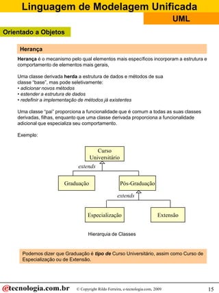 Linguagem de Modelagem Unificada
© Copyright Rildo Ferreira, e-tecnologia.com, 2009
UML
15
Herança é o mecanismo pelo qual elementos mais específicos incorporam a estrutura e
comportamento de elementos mais gerais,
Uma classe derivada herda a estrutura de dados e métodos de sua
classe “base”, mas pode seletivamente:
• adicionar novos métodos
• estender a estrutura de dados
• redefinir a implementação de métodos já existentes
Uma classe “pai” proporciona a funcionalidade que é comum a todas as suas classes
derivadas, filhas, enquanto que uma classe derivada proporciona a funcionalidade
adicional que especializa seu comportamento.
Exemplo:
Graduação Pós-Graduação
Curso
Universitário
Especialização Extensão
Hierarquia de Classes
Podemos dizer que Graduação é tipo de Curso Universitário, assim como Curso de
Especialização ou de Extensão.
extends
extends
Herança
Orientado a Objetos
 