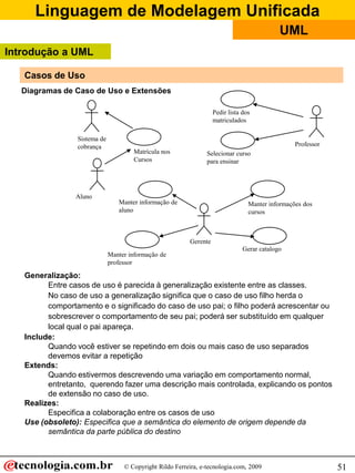 Linguagem de Modelagem Unificada
© Copyright Rildo Ferreira, e-tecnologia.com, 2009
UML
51
Diagramas de Caso de Uso e Extensões
Professor
Selecionar curso
para ensinar
Pedir lista dos
matriculados
Gerente
Manter informação de
aluno
Manter informação de
professor
Gerar catalogo
Manter informações dos
cursos
Sistema de
cobrança
Matrícula nos
Cursos
Aluno
Casos de Uso
Generalização:
Entre casos de uso é parecida à generalização existente entre as classes.
No caso de uso a generalização significa que o caso de uso filho herda o
comportamento e o significado do caso de uso pai; o filho poderá acrescentar ou
sobrescrever o comportamento de seu pai; poderá ser substituído em qualquer
local qual o pai apareça.
Include:
Quando você estiver se repetindo em dois ou mais caso de uso separados
devemos evitar a repetição
Extends:
Quando estivermos descrevendo uma variação em comportamento normal,
entretanto, querendo fazer uma descrição mais controlada, explicando os pontos
de extensão no caso de uso.
Realizes:
Especifica a colaboração entre os casos de uso
Use (obsoleto): Especifica que a semântica do elemento de origem depende da
semântica da parte pública do destino
Introdução a UML
 