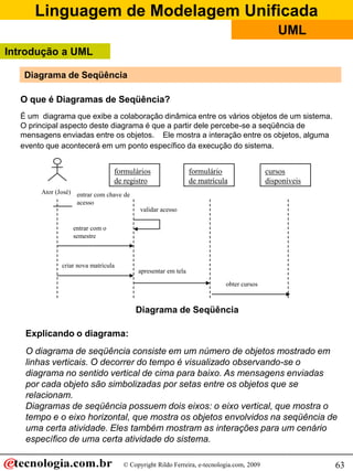 Linguagem de Modelagem Unificada
© Copyright Rildo Ferreira, e-tecnologia.com, 2009
UML
63
Diagrama de Seqüência
O que é Diagramas de Seqüência?
É um diagrama que exibe a colaboração dinâmica entre os vários objetos de um sistema.
O principal aspecto deste diagrama é que a partir dele percebe-se a seqüência de
mensagens enviadas entre os objetos. Ele mostra a interação entre os objetos, alguma
evento que acontecerá em um ponto específico da execução do sistema.
formulários
de registro
formulário
de matrícula
cursos
disponíveis
Ator (José) entrar com chave de
acesso
validar acesso
entrar com o
semestre
criar nova matrícula
apresentar em tela
obter cursos
Diagrama de Seqüência
Introdução a UML
Explicando o diagrama:
O diagrama de seqüência consiste em um número de objetos mostrado em
linhas verticais. O decorrer do tempo é visualizado observando-se o
diagrama no sentido vertical de cima para baixo. As mensagens enviadas
por cada objeto são simbolizadas por setas entre os objetos que se
relacionam.
Diagramas de seqüência possuem dois eixos: o eixo vertical, que mostra o
tempo e o eixo horizontal, que mostra os objetos envolvidos na seqüência de
uma certa atividade. Eles também mostram as interações para um cenário
específico de uma certa atividade do sistema.
 